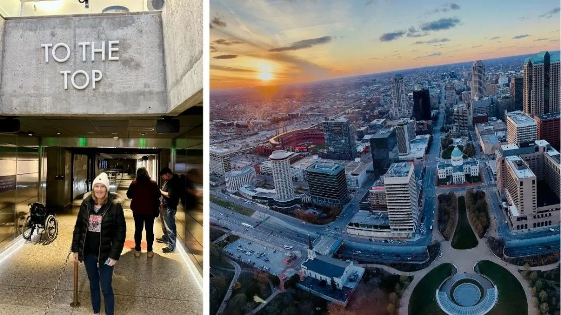 People waiting for elevator for St Louis Archway and a view over the city at sunset from the top of the arch.