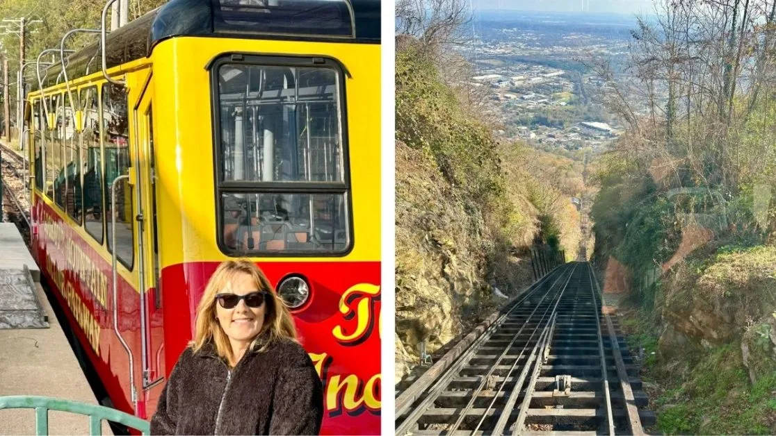 Woman stands in front of a railway car at Lookout Mountain, and a view of the rail tracks at elevation.