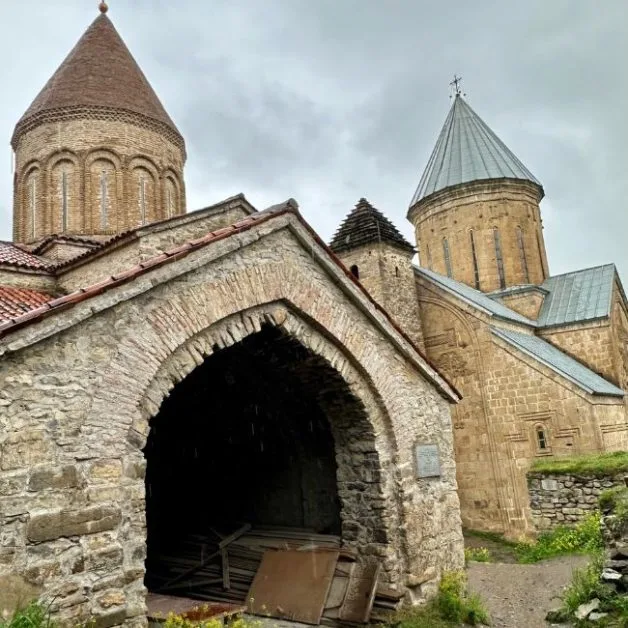 An ancient medieval stone complex including 2 church steeples in Ananuri Georgia.