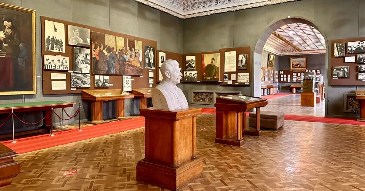 Interior room of Stalin Museum in Gori showing artifacts from his life.