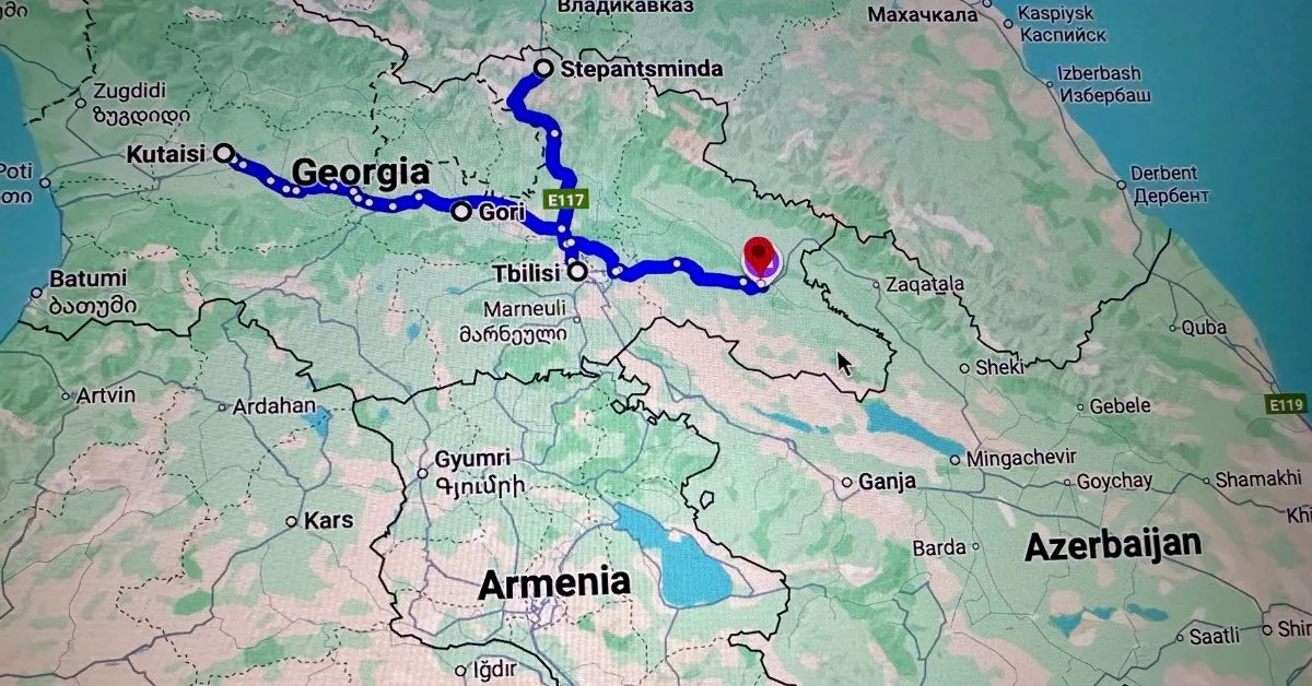 Map of a 7-10 Day Georgia (Country) Itinerary Route showing distances between the main destinations.