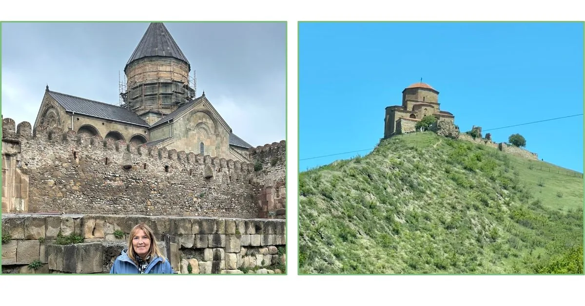 A cathedral and church in Old Mtskheta, both built of stone.