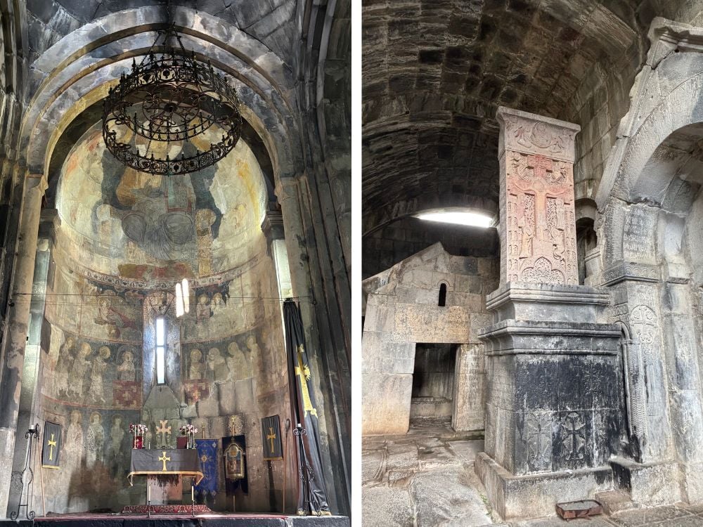 Inside Haghpat Monastery church showing impressive pillars and dome