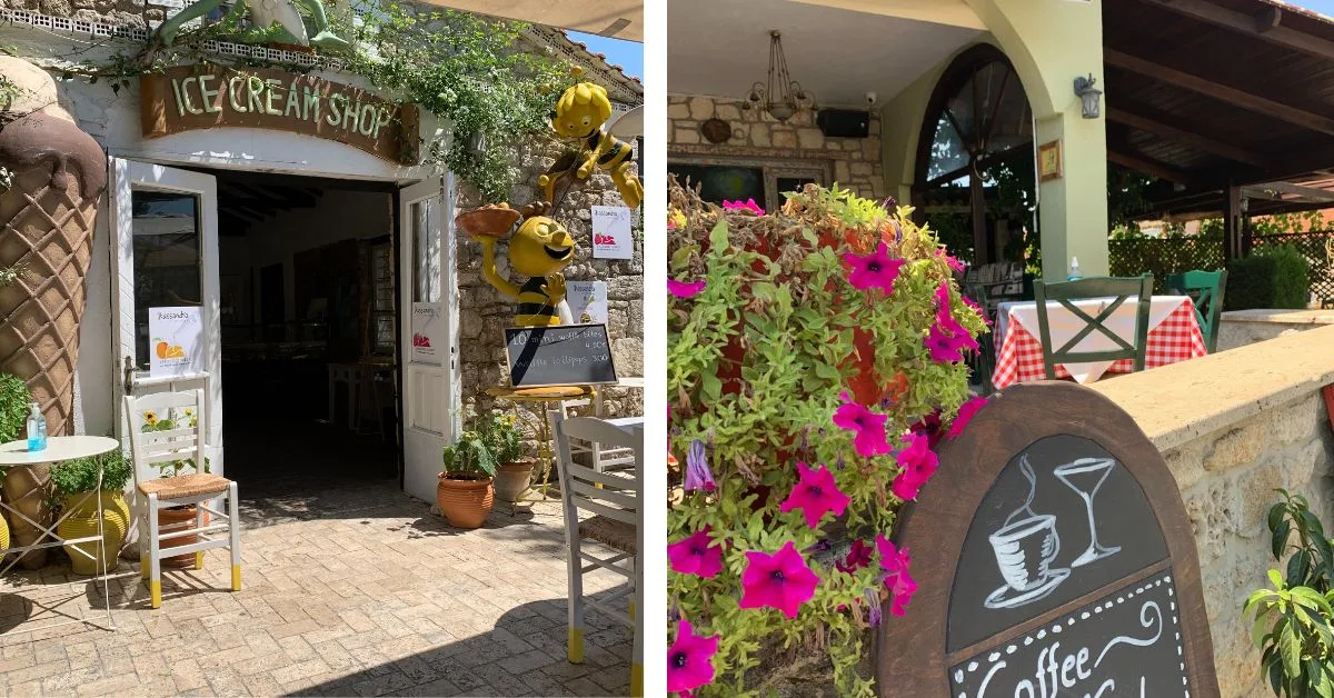 Door opening with sign saying Ice Cream Shop and second image of a outside of taverna with red checked cloths and green chairs