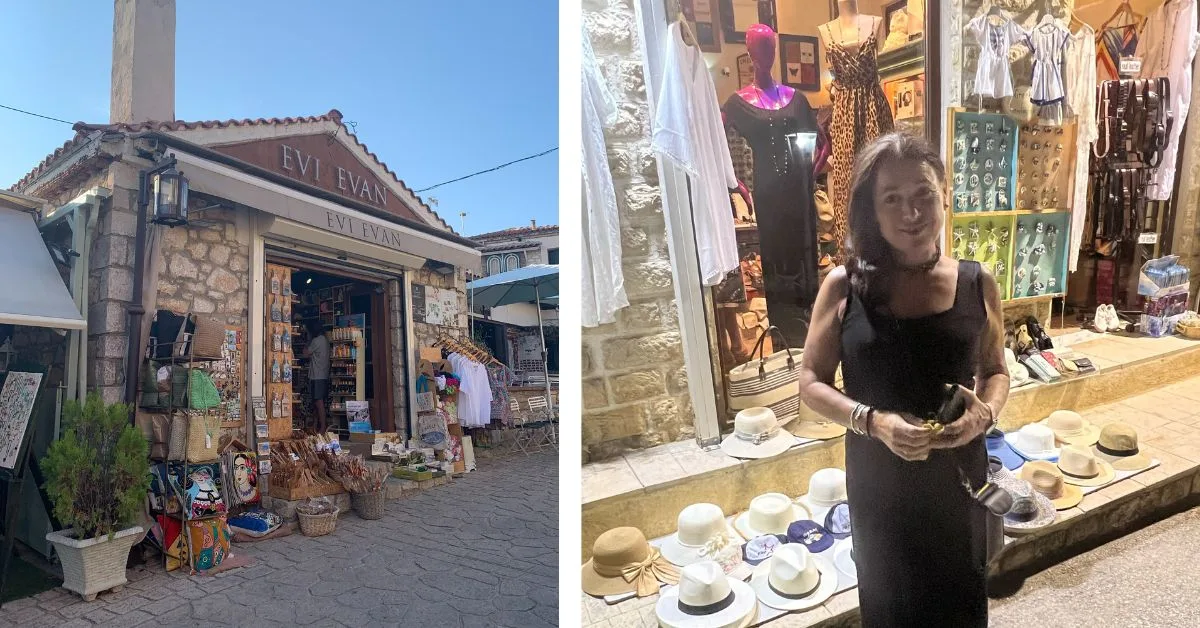 Souvenir shopping with entrance to shop showing goods outside and woman standing outside a clothes shop in a second image