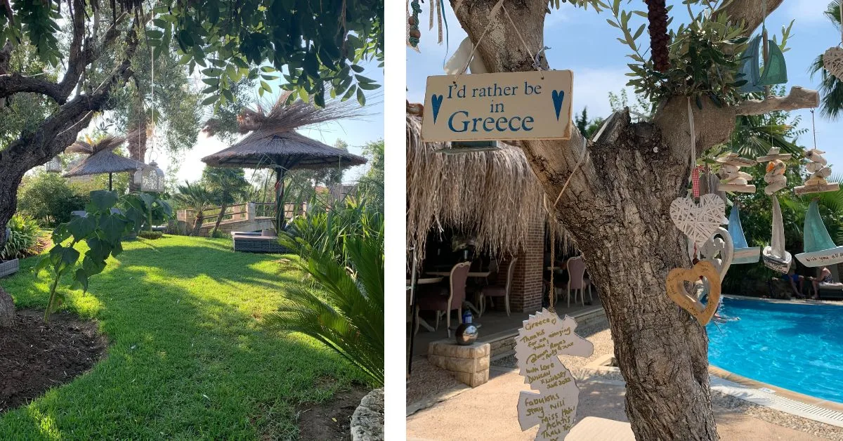 Manicured hotel gardens with parasols and sun loungers and second image of tree with signs hanging from it saying I'd rather be in Greece