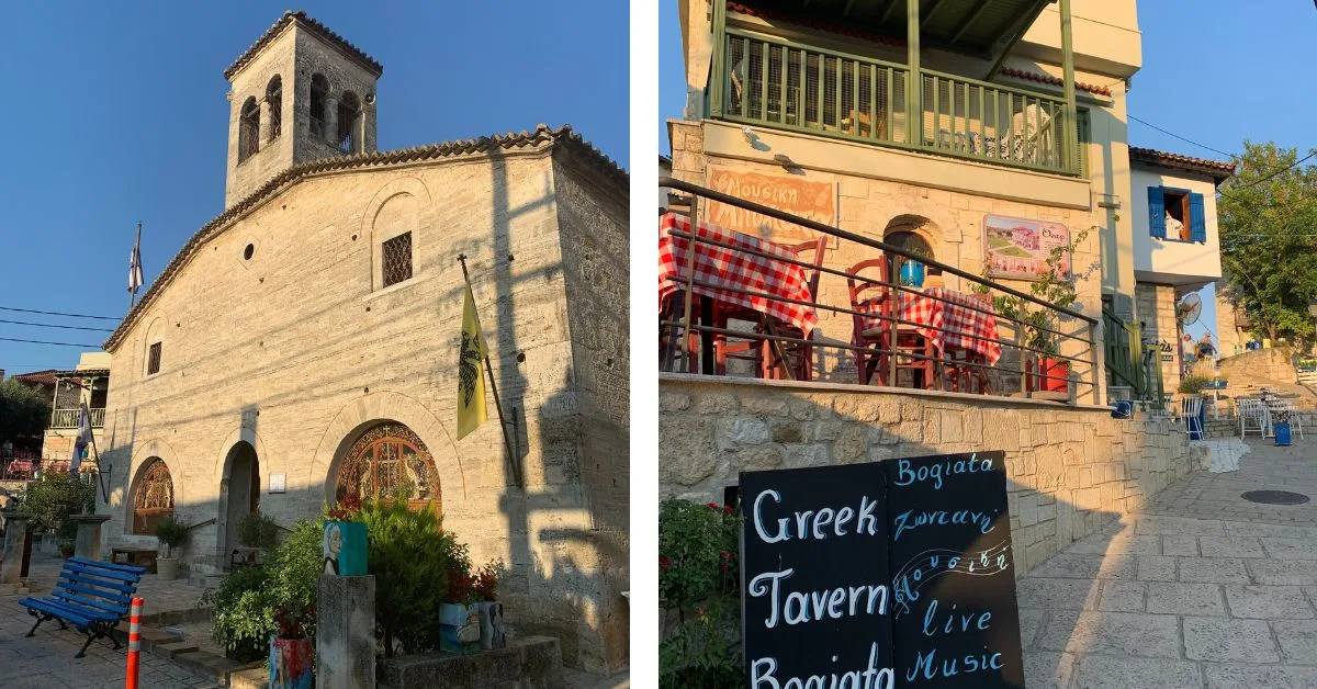 Stone church and next to it a taverna with outdoor seating over two levels.