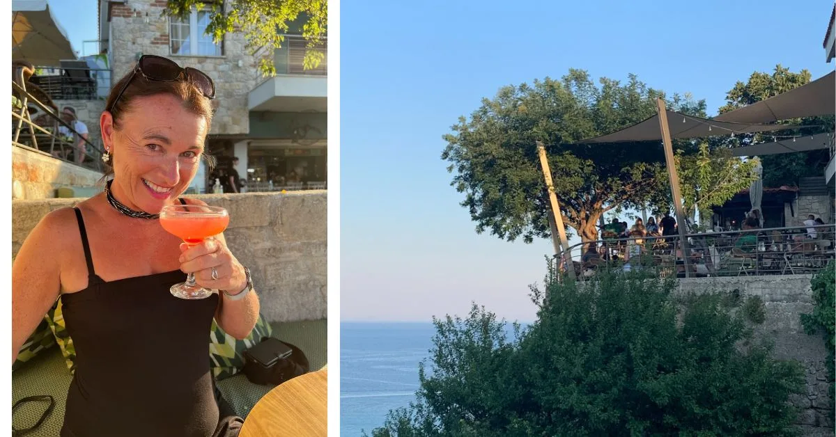 Woman enjoying a cocktail and image of the bar overlooking the sea