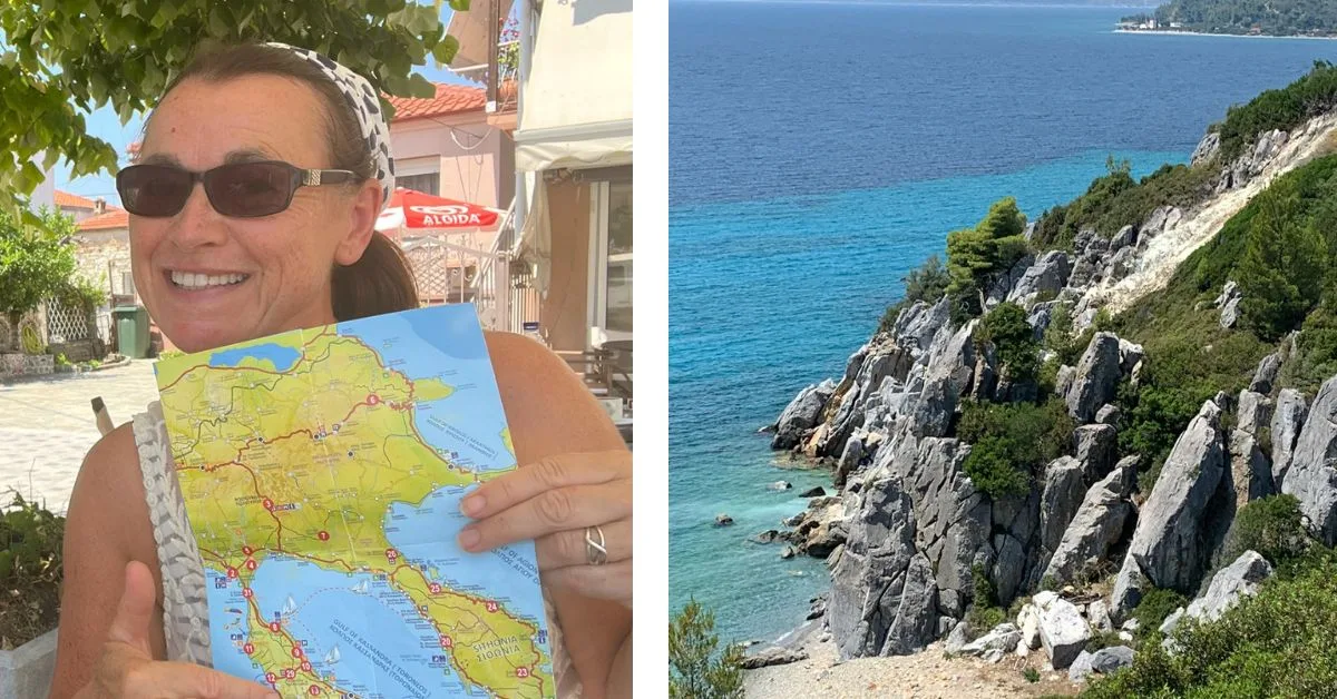 Woman holding up a map and second image of a rocky coastline with turquoise waters below