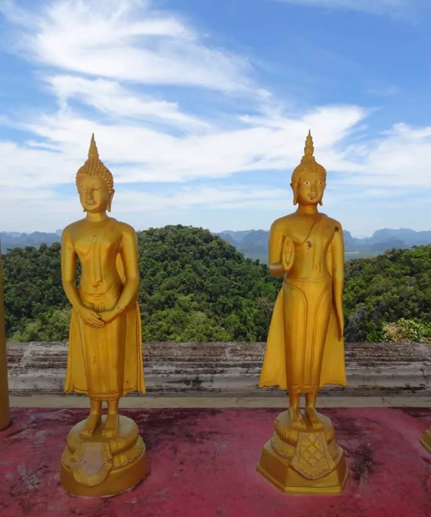 Two gold Buddha statues standing together and behind them are hills covered in greenery.