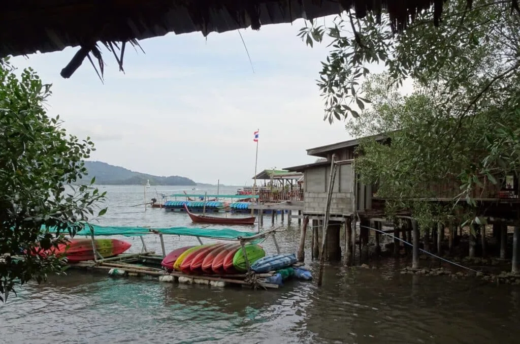 A top 10 Krabi experience is kayaking and this is where you can hire kayaks. They are sitting on a rack just above the water.