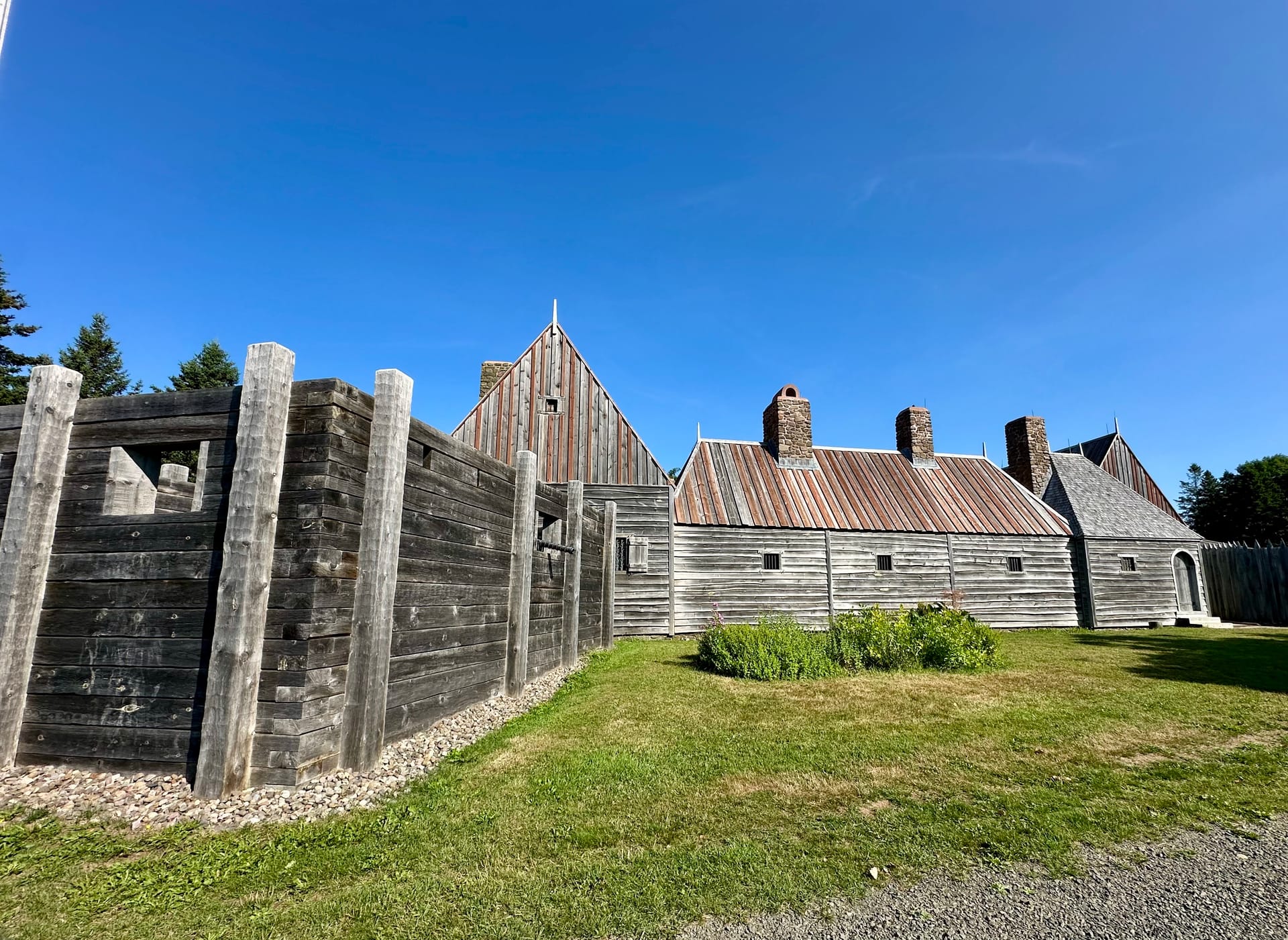 Historic wooden fort buildings at Fort Anne, Annapolis Royal