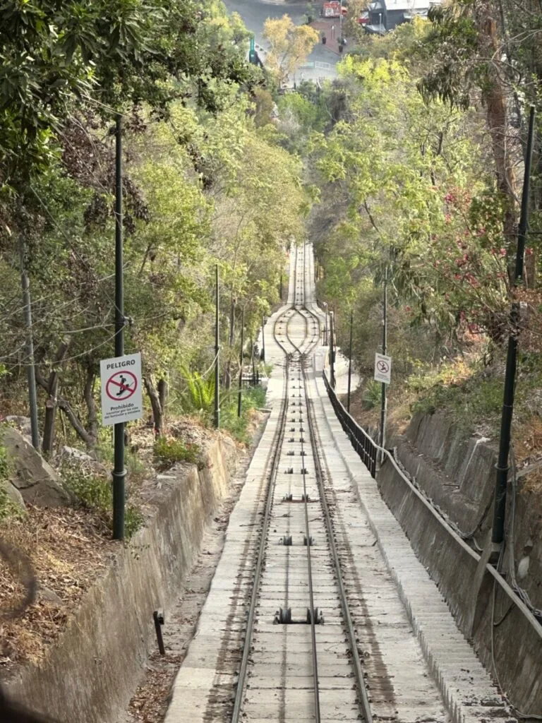 Funicular line in Santiago takes you to mountain top with wide city views.