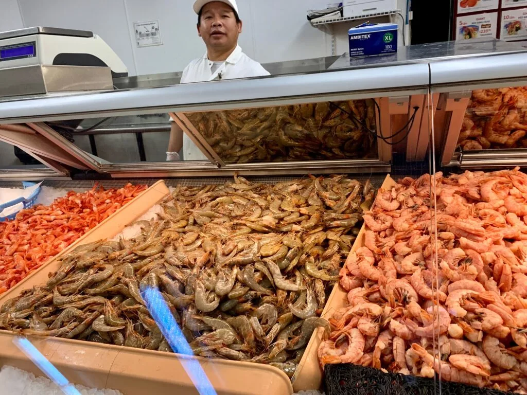 Display of fresh seafood including shrimp in a supermarket in Anchorage, Alaska
