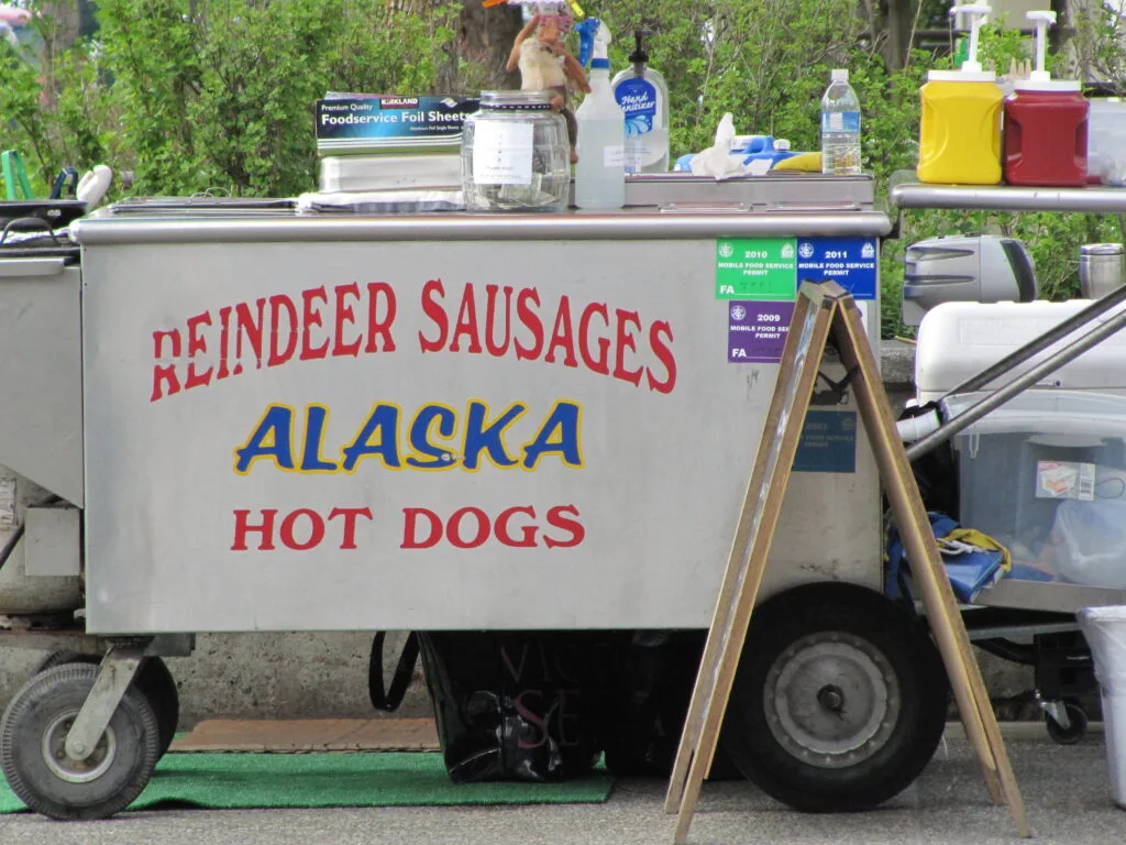 A stand selling Reindeer Sausages on 4th avenue, Anchorage Alaska.