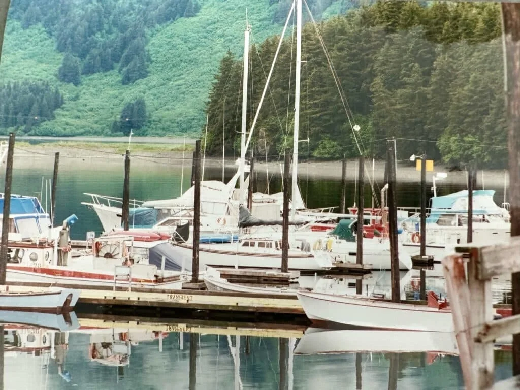 Boats moored in a small marina in Seldovia, south of Homer, Alaska.