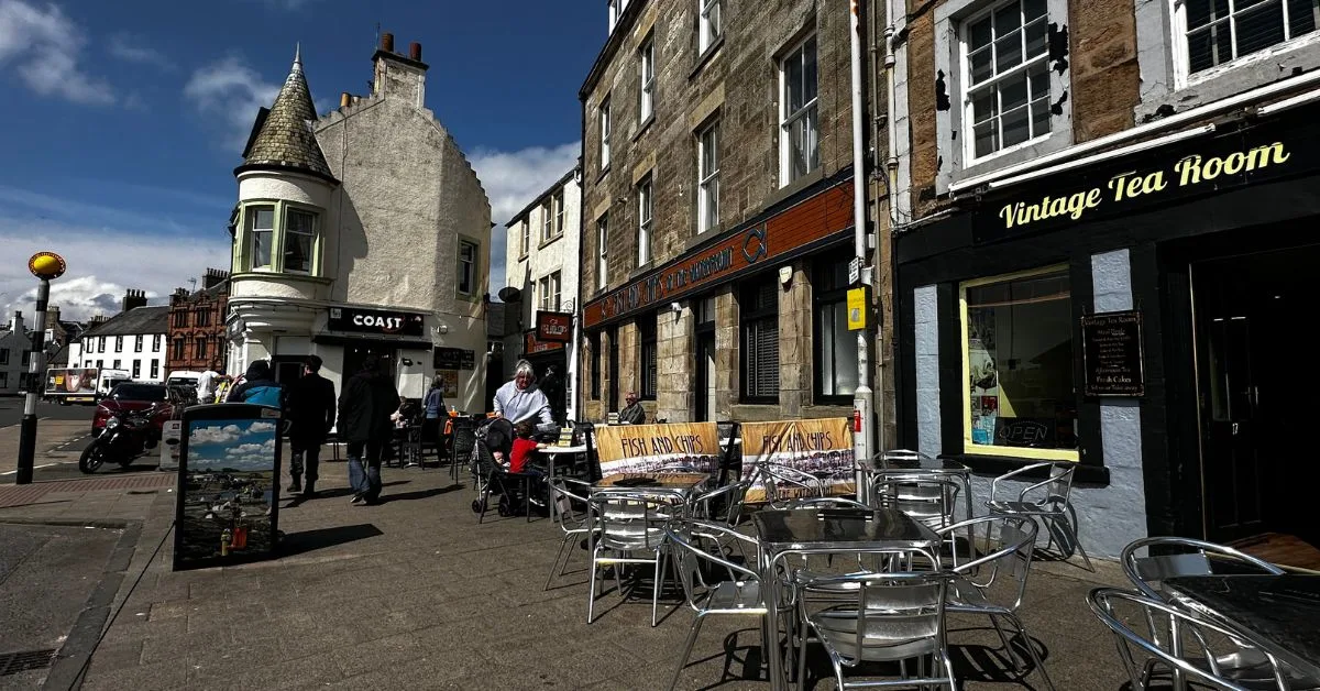 Outdoor Pavement Seating on Main Street Ansturther for local tea room and restaurants.