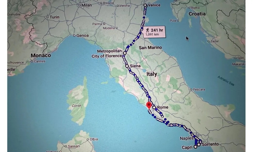 A Map of Italy Highlighting a route by trail from Venice to Amalfi Coast.