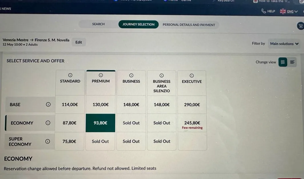 A screen shot of a booking site for a train from Venice to Florence on TrenItalia.