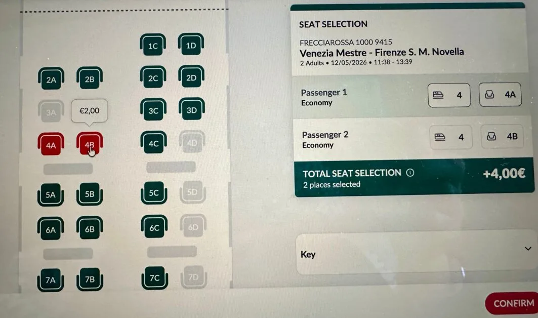 A view of seat choices on a train in Italy.