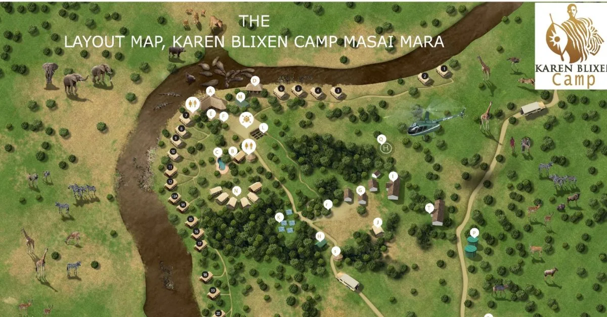 Map of Layout of Karen Blixen Camp in Masai Mara.