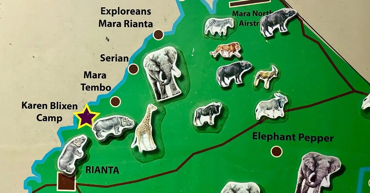 A map showing wildlife around Karen Blixen Camp.