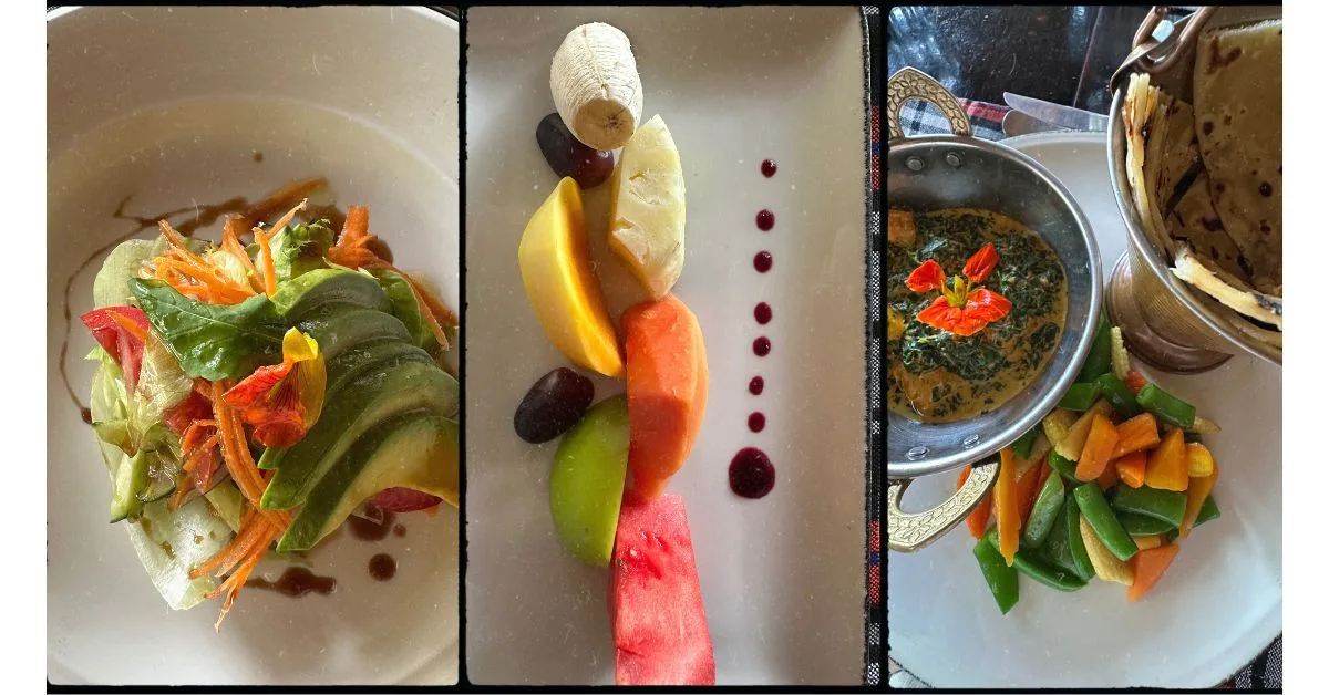 Picture of food dishes showing fresh vegetables and fruits.