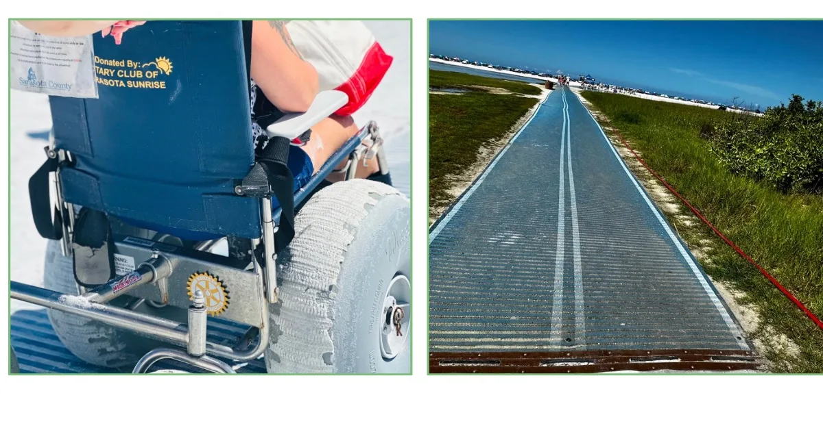 A mat giving Accessible entrance to Siesta Key Beach and a beach wheelchair on it.