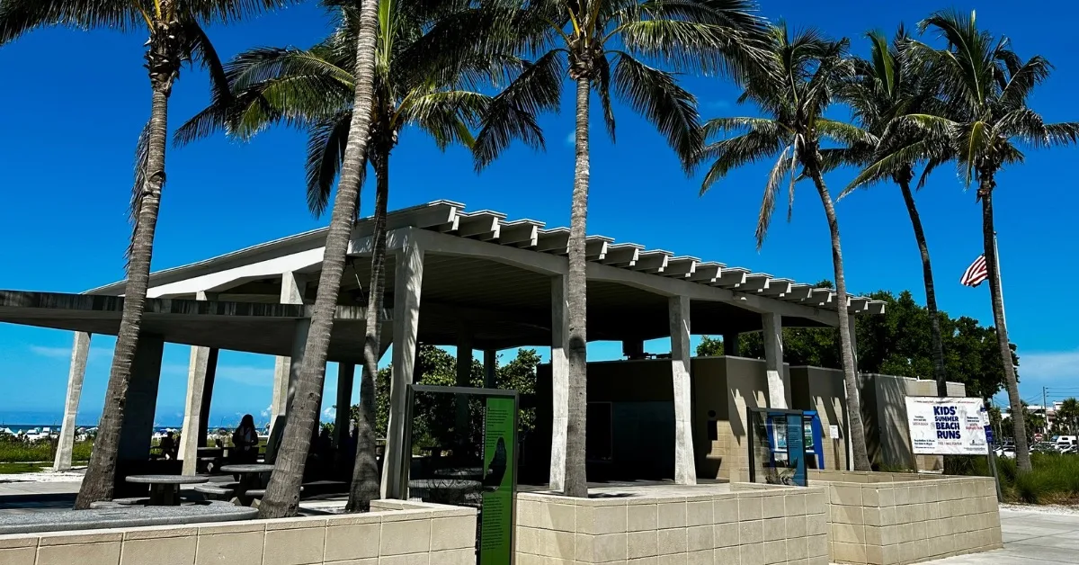 Covered pavilion with palm trees.