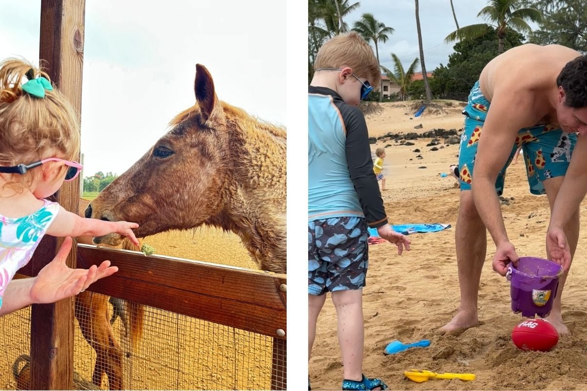 Kids feeding animals at the Kauai Plantation Railway stop