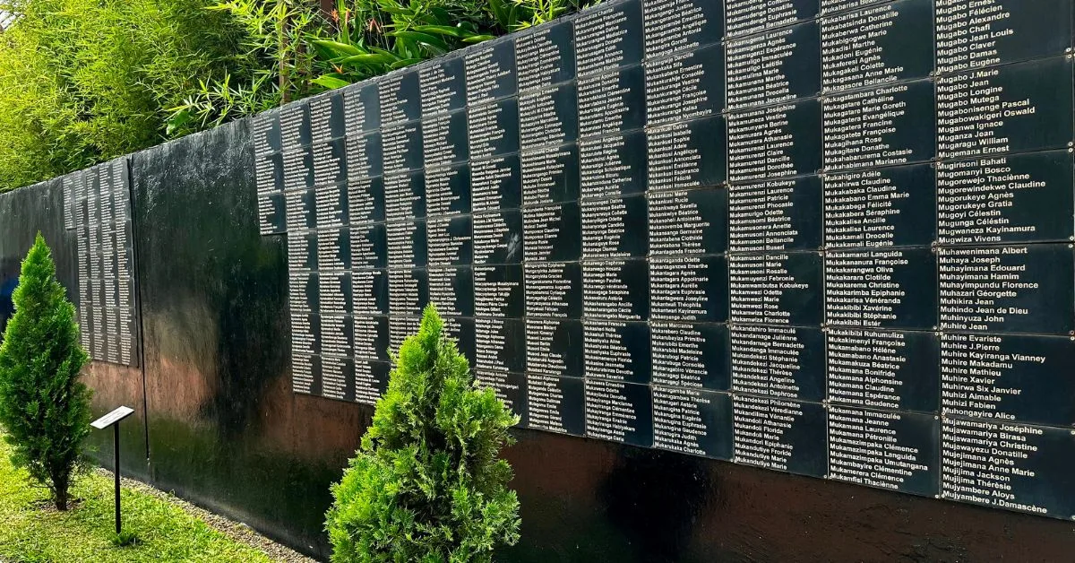 A metal wall with names engraved on it.