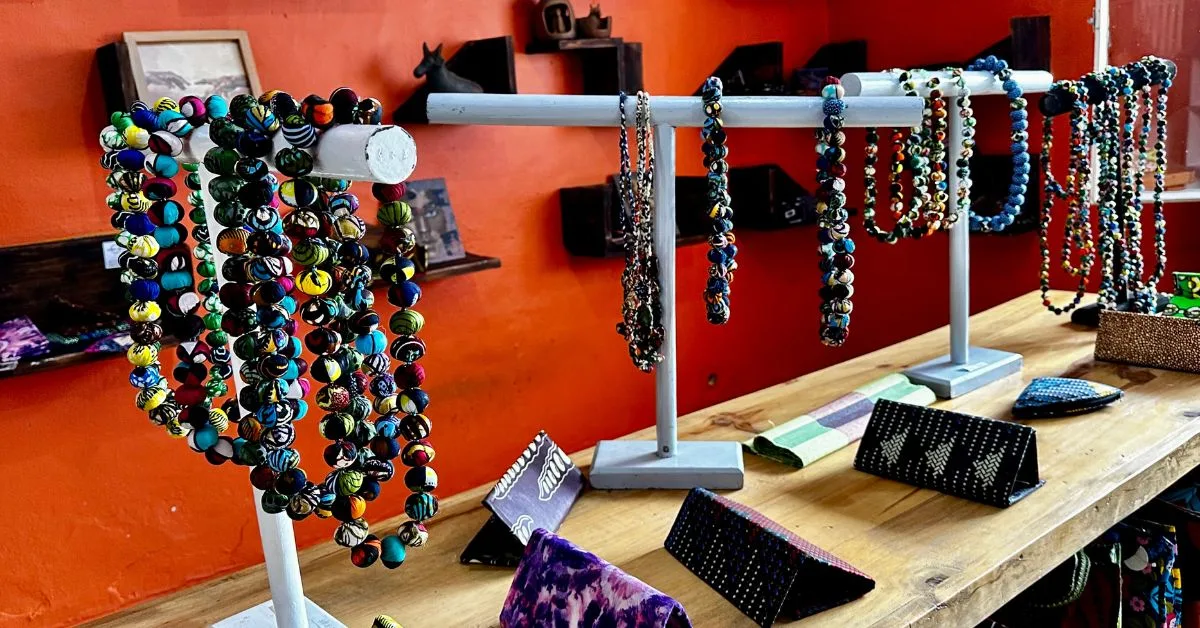 Hand made bead jewelry for sale in Kigali galleries and shops. Bracelets and necklaces are multi-colored.