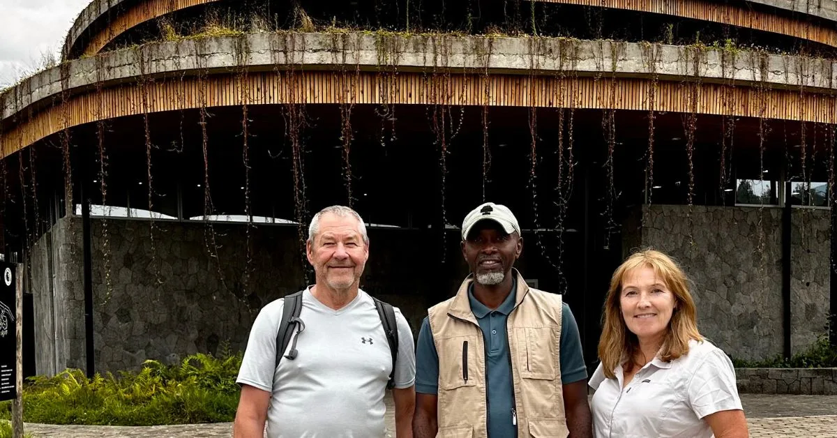 Entrance to Dian Fossey Ellen Center in Rwanda with guests.