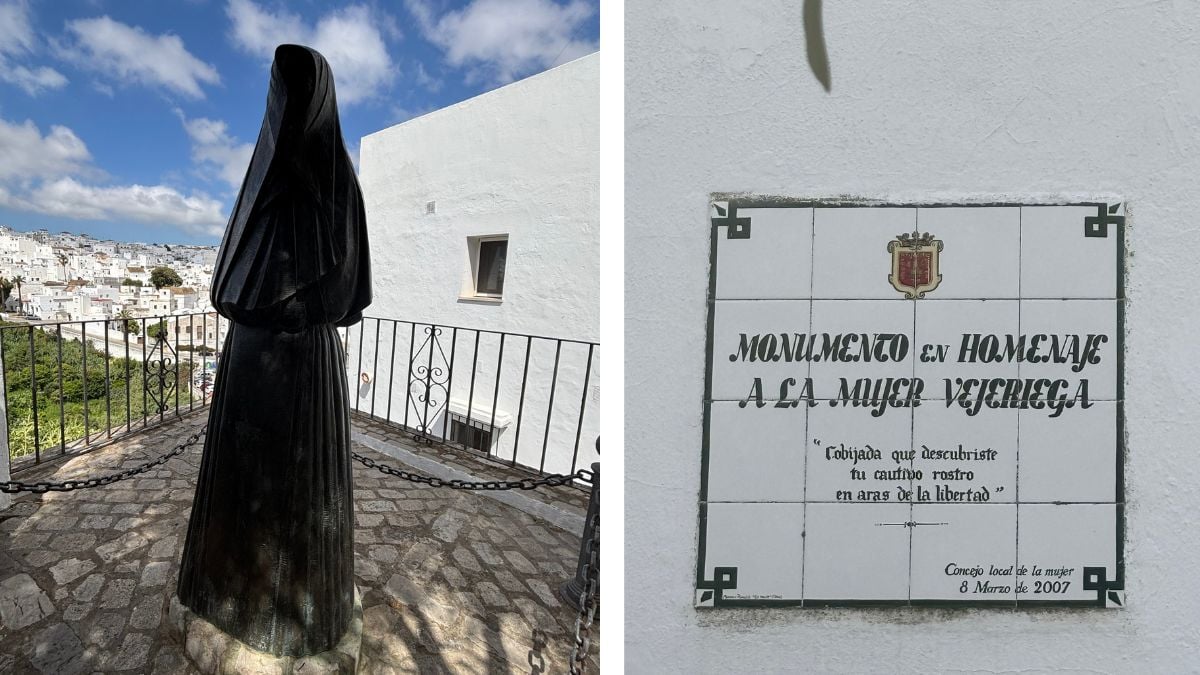 La Cobijada monument statue in Vejer de la Frontera, bronze sculpture of a woman in traditional Vejer costume