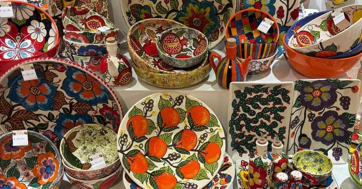 Colourful ceramic pottery shop in Lecce, Puglia — local artisan crafts