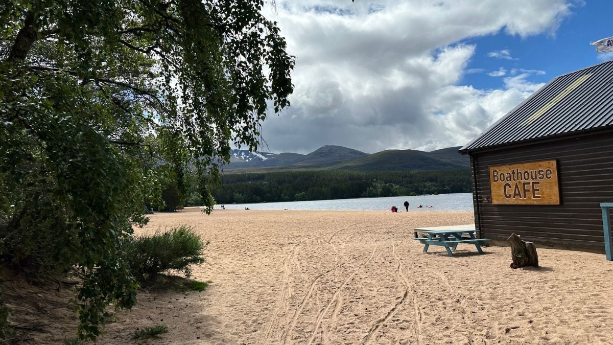 The boathouse and cafe at Loch Morlich beach, Cairngorms National Park