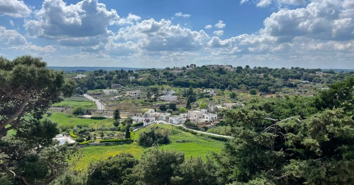Aerial view of Locorotondo village surrounded by vineyards in the Valle d'Itria, Puglia