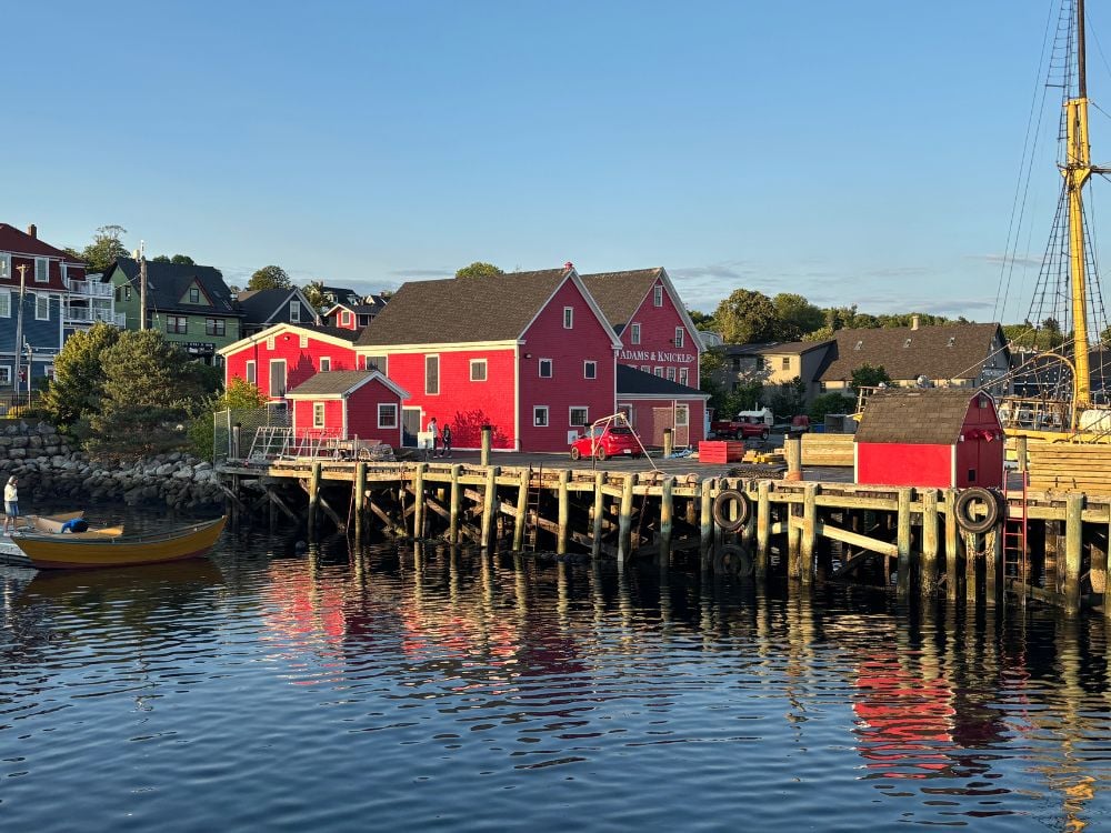 Red boathouse on the harbour in Lunenburg, Nova Scotia