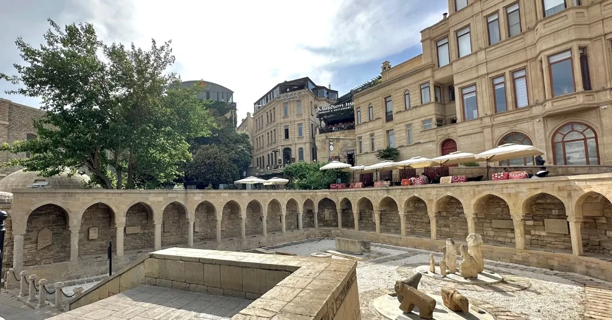 Caravanserai site next to Maiden Tower in Baku. Arches flow around the building sides - this is where traders and their camels slept.