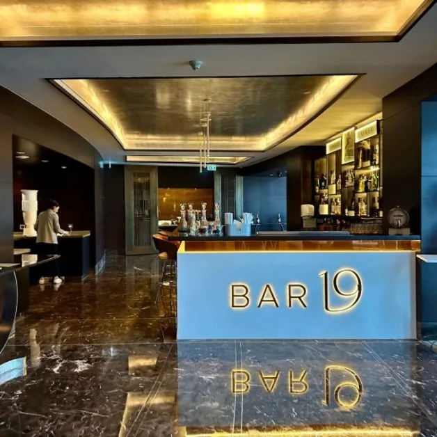 Entrance of Bar 19 in the Flame Towers Baku.