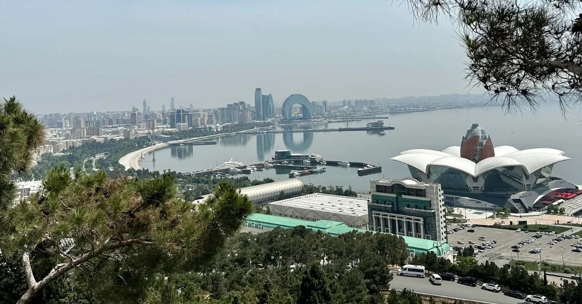 View of Baku from Highland Park, Baku shows Caspian Sea and many buildings around the Baku Boulevard.