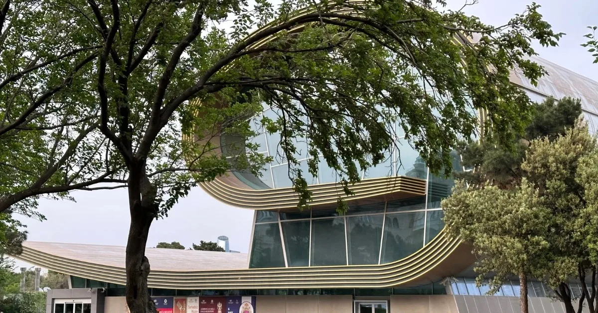 A rolled up carpet architecture building in Baku.