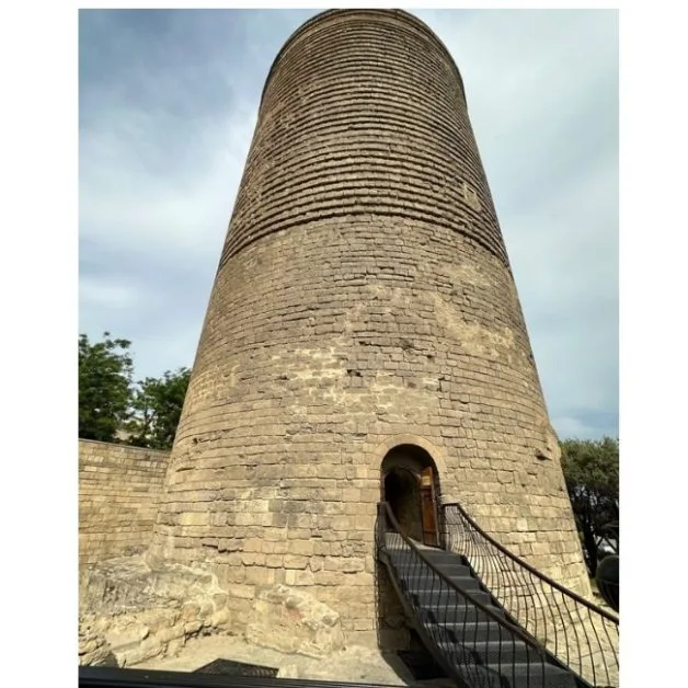 Staircase leading to entrance of stone brick round Maiden Tower Baku.