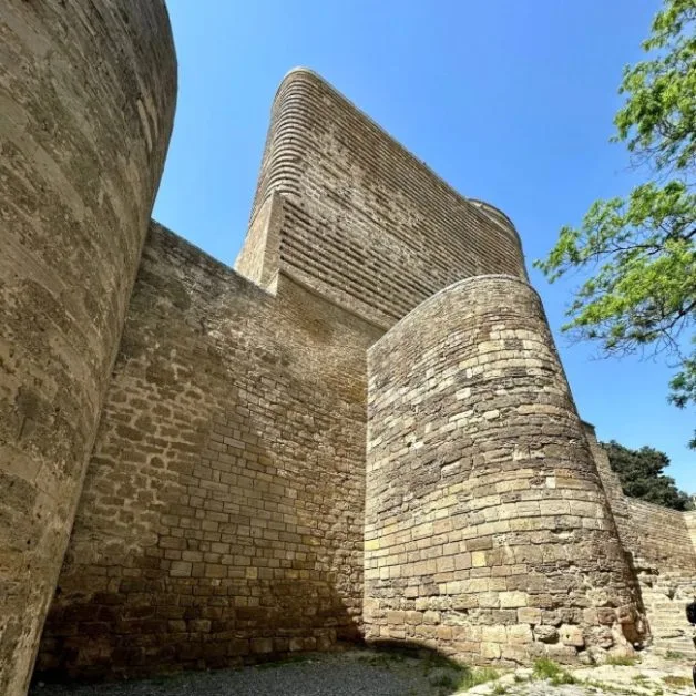 Stone curved tower building in Baku Old City.