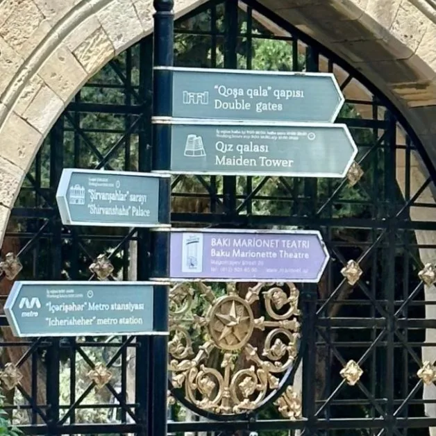 Set of 5 street signs to help tourists navigate to Old City Baku.They are in English and Azerbaijani languages.
