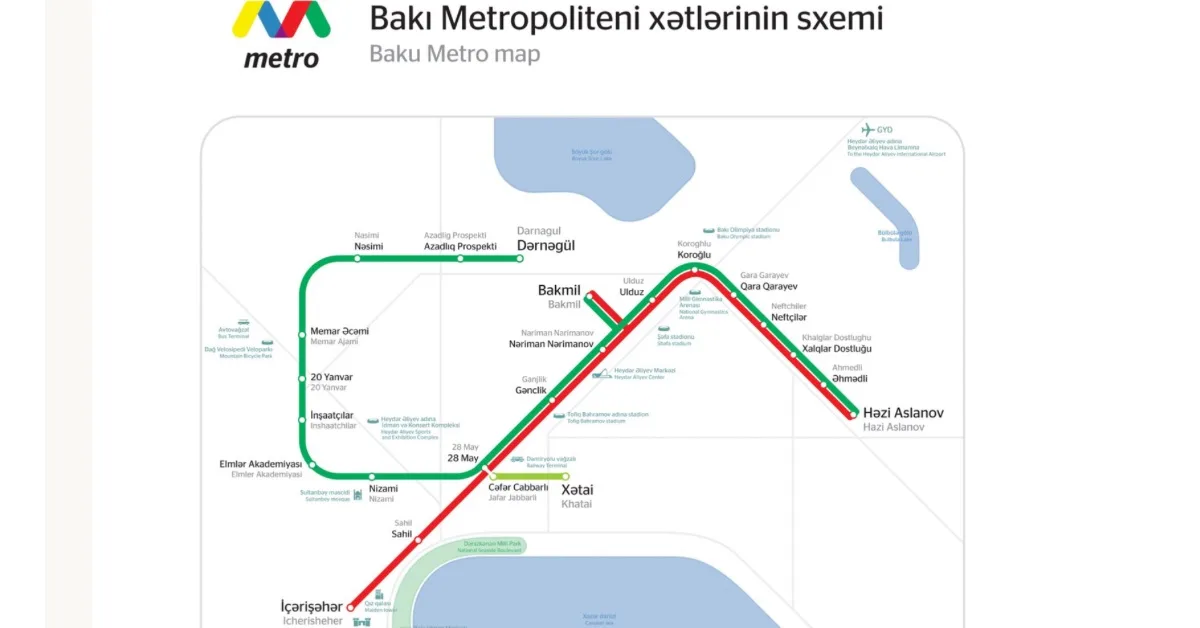 Map of Baku City Metro lines and stops.