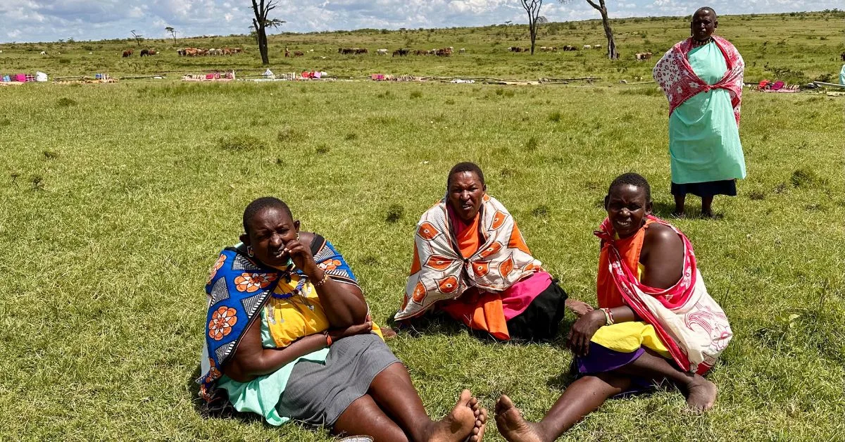 Masai Village Women sitting in a grass field with cattle grazing in background.