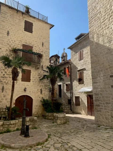 UNESCO protected brick buildings in narrow courtyard in Bay of Kotor with palm trees in front as decor. Buildings have shutters to help keep the interiors cool.