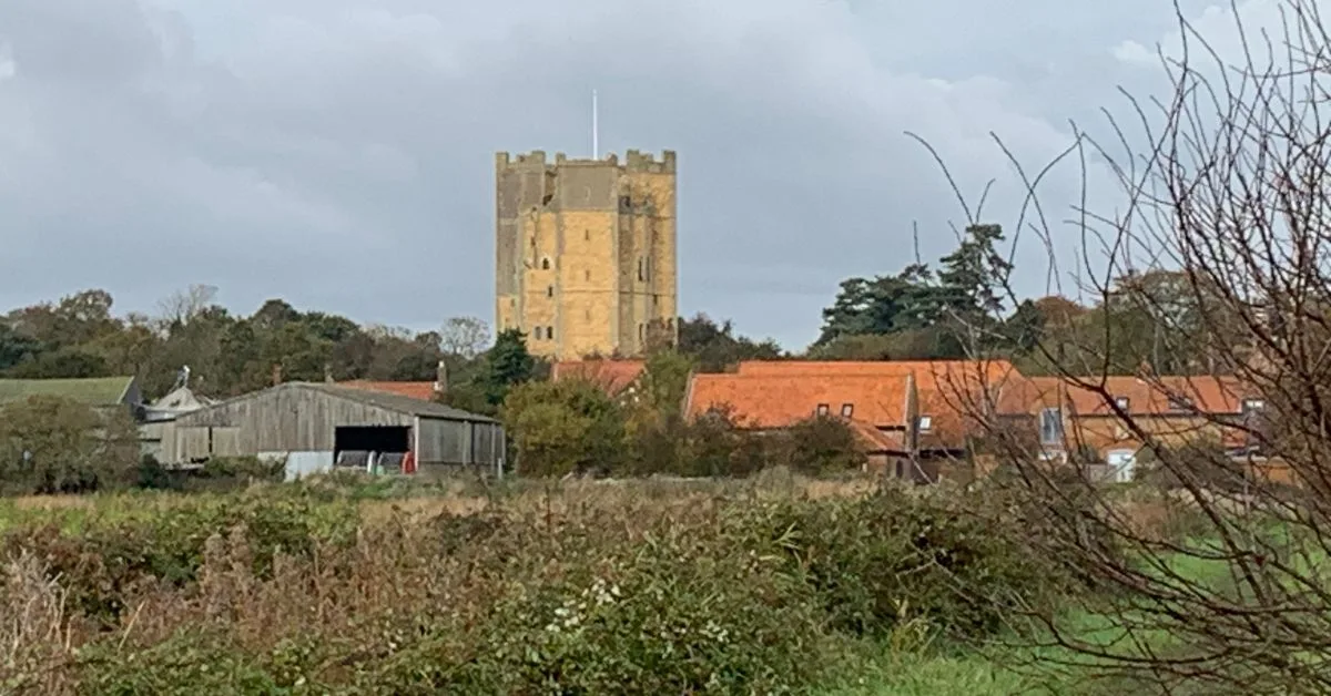 Image of Orford Castle in the background and fields and red roofed houses in the foreground