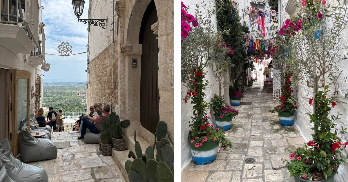 Narrow whitewashed streets lined with flowers in Ostuni, Puglia